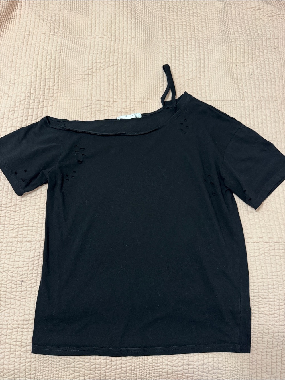 By Egreis Black Distressed Cutout One Shoulder Tee Size S
